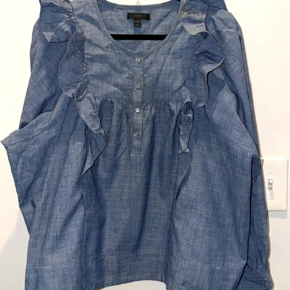 J.Crew Chambray Ruffle Button-Down Blouse - Light Blue - 16 - Picture 2 of 4
